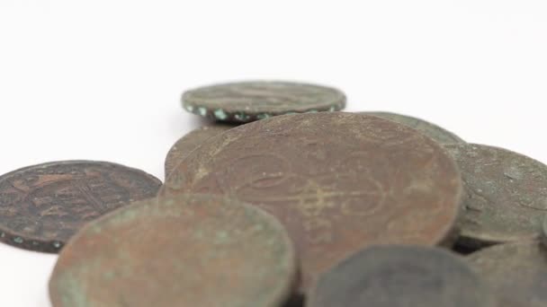 Παλιά Χάλκινα Νομίσματα Κοντά Περιστροφή Θησαυρός Συλλέγω Βίντεο Πλάνα — Αρχείο Βίντεο