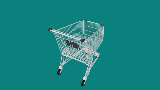 Chariot Supermarché Rotatif Sur Fond Berquoise Foncé Marketing Animation Mouvement — Video