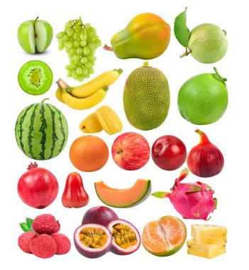 elma; üzümler; muz; papaya; Guava; Jackfruit; kivi; hindistan cevizi; portakal; erik; incir; nar; elma; kavun; ejderha meyvesi; likör; mandalina; beyaz zemin üzerinde ananas;