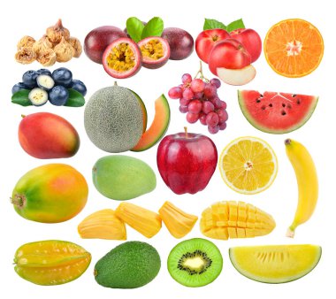 İncir; çarkıfelek meyvesi; nektarin; yaban mersini; kavun; portakal; karpuz; mango; elma; limon; yaban mersini; papaya, muz, beyaz arka plan