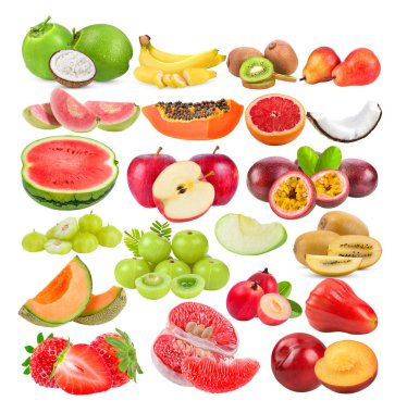 Hindistan cevizi; muz; kivi; armut; guava; papaya; greyfurt; karpuz; elma; tutku meyvesi; yıldız bektaşi üzümü; Hindistan Bektaşi üzümü; Carissa Carandas Linn; Çilek; Gül elması; beyaz arka planda erik