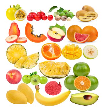 Tutku meyvesi; Acerola kirazı; macadamia; kivi; armut; armut; papaya; elma; greyfurt; ananas; şeftali; Hint Gooseberry; mango; Jackfruit; armut; muz; avokado; liçi beyaz zemin üzerinde