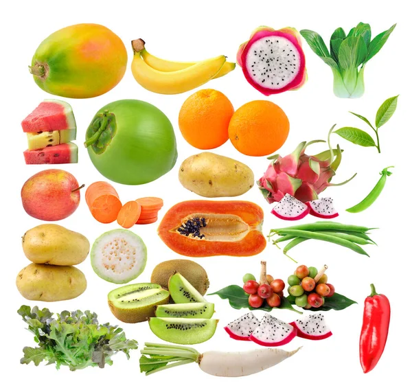 papaya; watermelon; coconut; banana; apple; carrot; orange; potato; guawa; dragon fruit; kiwi; coffee; beans; tea; bok; choi, white background