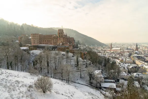 Heidelberg kalesinin bahçesinde karla yürüyorum.