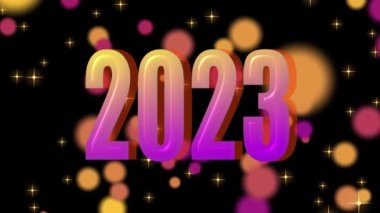 Gradyan Metin 2023 animasyon ve parıltı siyah zemin üzerinde izole edilmiş, 2023 yeni yıl tasarım şablonu Mutlu 2023 yeni yıl konsepti bayram animasyon kartı.