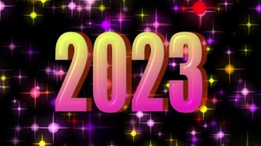 Gradyan Metin 2023 animasyon ve parıltı siyah zemin üzerinde izole edilmiş, 2023 yeni yıl tasarım şablonu Mutlu 2023 yeni yıl konsepti bayram animasyon kartı.