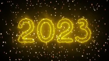 Metin 2023 ve parıltılı animasyon siyah zemin üzerinde izole edilmiş, 2023 yeni yıl, tasarım yeni yıl konsepti Mutlu Yıllar animasyon kartı.
