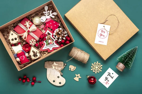 Handmade Care Package Seasonal Gift Box Toys Xmas Decor Table — Stock Photo, Image