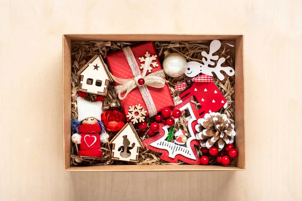 Handmade Care Package Seasonal Gift Box Toys Xmas Decor Table — Stock Photo, Image