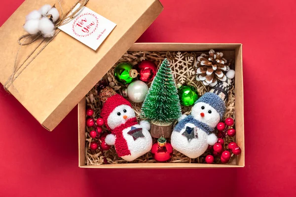 Handmade Care Package Seasonal Gift Box Toys Xmas Decor Red — Stock Photo, Image