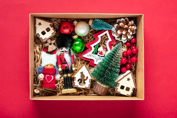 Handmade Care Package Seasonal Gift Box Toys Xmas Decor Red — Stock Photo, Image