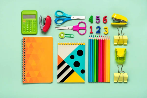 Frame School Office Supplies Paper Clips Pens Calculator Sharpener Notepad — Stockfoto