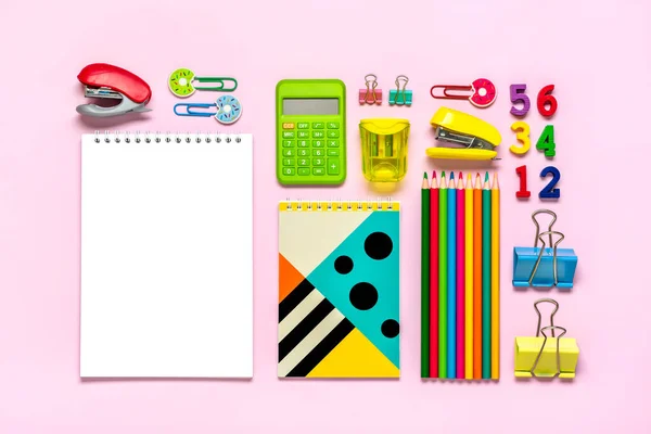 Frame School Office Supplies Paper Clips Pens Calculator Sharpener Notepad — Stock Photo, Image