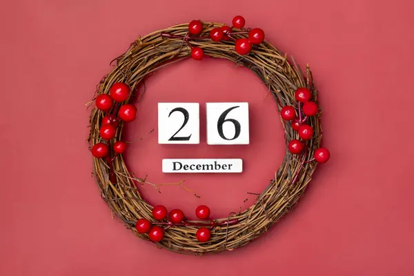 Різдвяний Вінок Дерев Яний Календар Датою Грудня Червоному Тлі День Ліцензійні Стокові Зображення