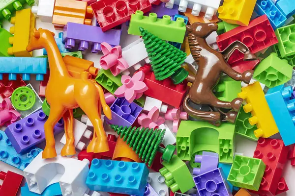 Colorful Plastic Construction Blocks Children Construction Kit Educational Concept Fotos De Bancos De Imagens