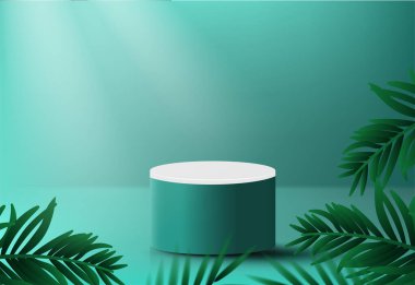 Geometrik şekilli ürün sunumu için soyut 3d podyum, boş yuvarlak podyum, ürün sunumu için platformlar ve gölgeler ve ışık, Podyum 3D tropikal yapraklı boş pastel.