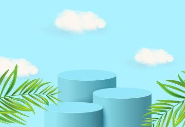 Geometrik şekilli ürün sunumu için soyut 3d podyum, boş yuvarlak podyum, ürün sunumu için platformlar ve mavi gökyüzü.