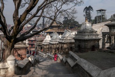 Pashupatinath, Bagmati Nehri 'nin her iki yakasında bulunan büyük bir Hindu tapınak kompleksi. Katmandu. Nepal.