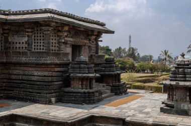 Halebidu 'daki Hoysaleshwara Tapınağı' nın taş oymacılığı. Karnataka. Hindistan.