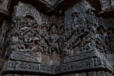 Hindu tanrılarının karmaşık oymaları ve ayrıca Halebidu Hindu tapınağındaki Hint destanlarından sahneler tasvir ediyor. Hindistan.