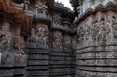 Hindu tanrılarının karmaşık oymaları ve ayrıca Halebidu Hindu tapınağındaki Hint destanlarından sahneler tasvir ediyor. Hindistan.