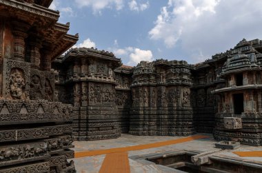 Hindu tanrılarının karmaşık oymaları ve ayrıca Halebidu Hindu tapınağındaki Hint destanlarından sahneler tasvir ediyor. Hindistan.