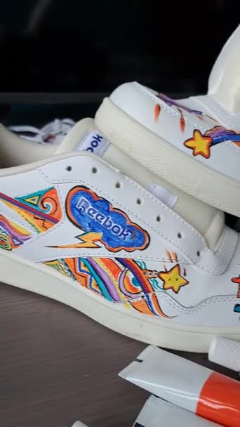 White Sneakers Reebok Painted Acrylic Paints Artist — Stock Video