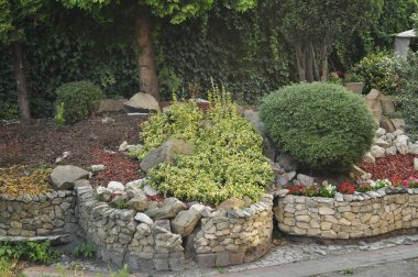 Resimli bir manzarada çeşitli bitki ve çiçeklerle güzel çiçek yatağı