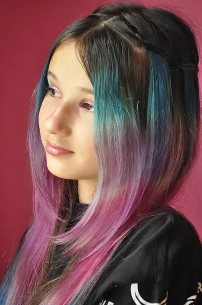 stock image Girl with Long Colorful Hair Dyed in Horizontal Blue, Purple, and Pink Stripes