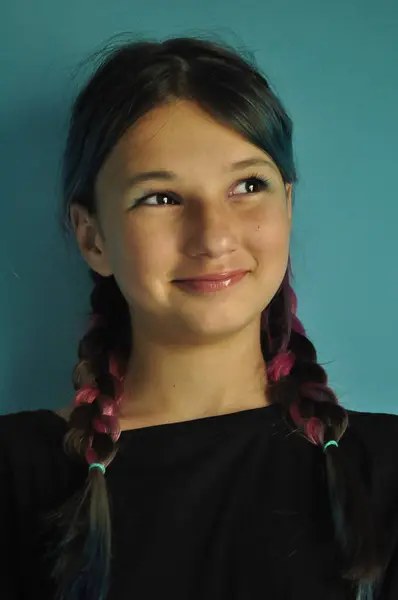 stock image Girl with Long Colorful Hair Dyed in Horizontal Blue, Purple, and Pink Stripes