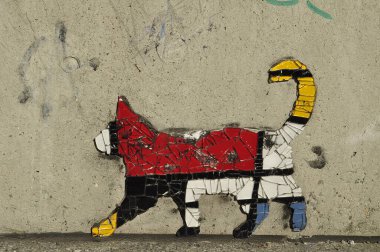 Renkli Mozaik Kedi Kentsel Döşeme Sanat Kurulumu