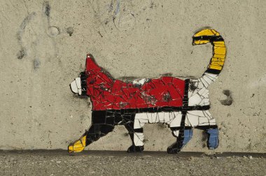 Renkli Mozaik Kedi Kentsel Döşeme Sanat Kurulumu