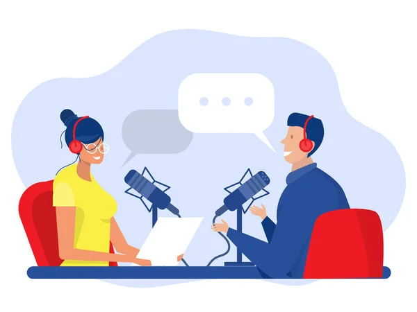 Koncepcja Podcastingu Mężczyzna Kobieta Rozmawiający Lub Prezenterzy Podcast Mikrofonem Rozmawiający — Wektor stockowy