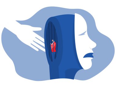 Önemli bir semptom, Kafesteki üzgün veya depresif adama yardım eden insan eli zihinsel sağlık konsepti düz vektör çizimi