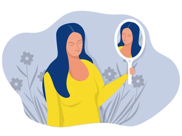 Girl Looking Her Self Mirror Face Sad Depression Often Conceal — Stock Vector