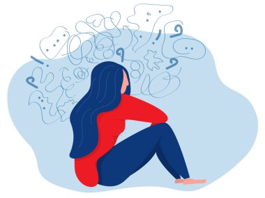 Kadın takıntılı düşüncelerden, baş ağrısından, çözülmemiş sorunlardan, psikolojik travmadan, depresyondan muzdarip. Zihinsel stres panik zihin bozukluğu düz vektör çizimi.