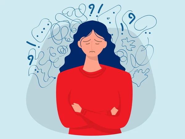 Mulher Sofre Pensamentos Obsessivos Dor Cabeça Questões Não Resolvidas Trauma —  Vetores de Stock