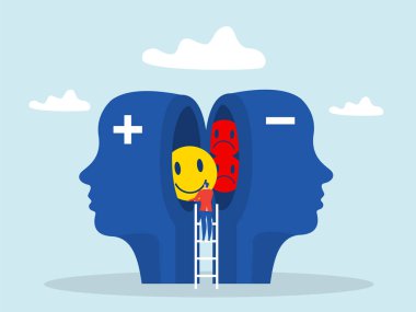 İş adamı, insan başındaki olumlu düşünceyi olumsuzluktan yeni zihniyet vektöründeki pozitifliğe doğru itiyor