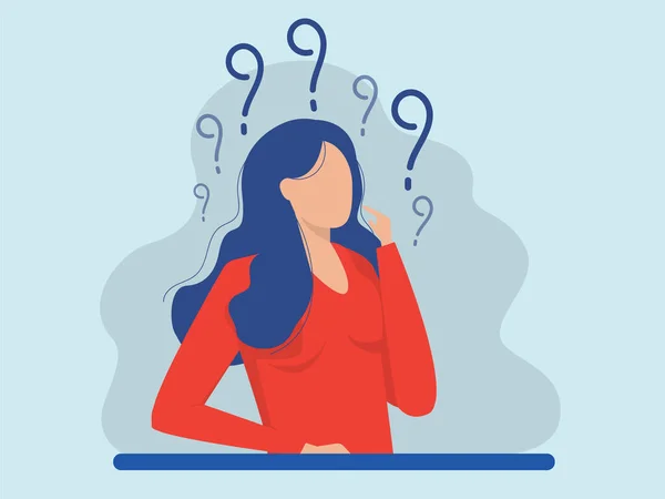 Woman Thinking Question Mark Doubts Problems Thoughts Emotions Curious Woman — Stock Vector
