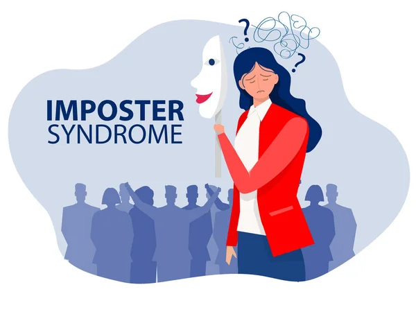 Imposter Syndrome Woman Holding Mask Self Confidence Anxiety Lack Self — Stock Vector