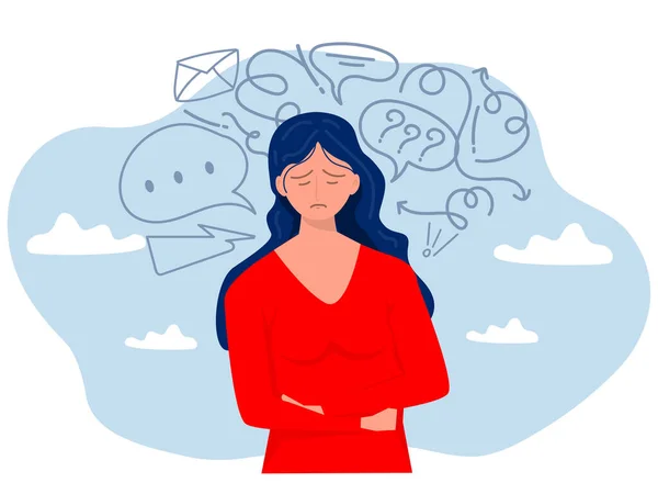 女性は強迫観念に苦しみます 頭痛の種 未解決の問題 心理的外傷 うつ病 精神的ストレスパニック障害イラストフラットベクトルイラスト — ストックベクタ