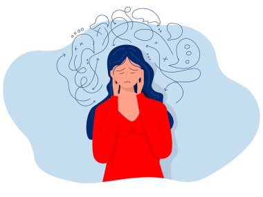 Kadın yüz ifadesi konsepti. Kız baş ağrısı veya anksiyete krizi, endişe, korku, öfke, yorgunluk ve birçok duygu bozukluğu. Zihinsel bozukluk ve kaos düz vektör çizimcisi
