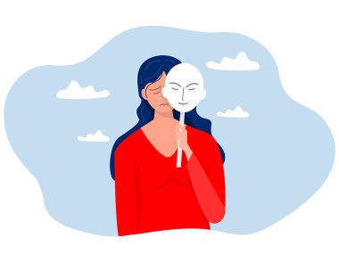  Taklitçi sendrom, Üzgün Kızlar yüz ifadeleri, sorunlar, bipolar bozukluk, ikiyüzlülük ve bölünmüş kişilik bozukluğu zihinsel sağlık hastalığı ve psikolojik sorunlar konsepti çizer