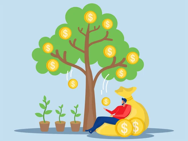お金が入るのを待っている男がリラックスしてコインとお金で木を育てる利益財務管理投資成功したフラットイラストレーターベクトル — ストックベクタ