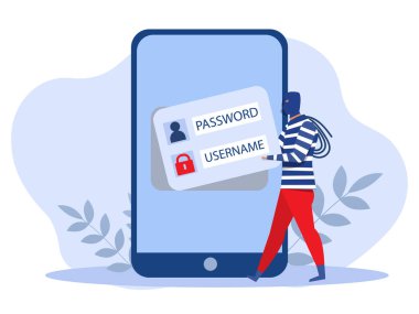 Hacker kişisel hesaptan bilgi çalıyor. Phishing ve banka dolandırıcılığı. Akıllı telefondan siber güvenlik alarmı. Düz illüstrasyon Vektör illüstrasyonu.