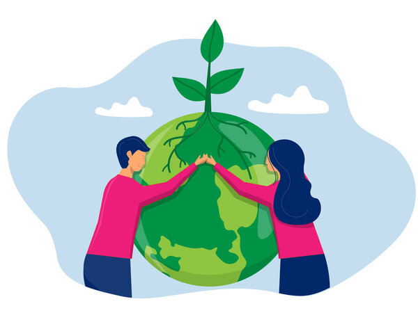 Всемирный день Земли; Природолюбитель; экологический образ жизни; девушка и мальчик, обнимающие планету Земля с зеленой экологической энергии Концепция охраны окружающей среды; Плоский вектор иллюстрации.