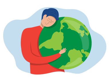 Dünya Günü doğa aşığı, ekoloji dostu yaşam tarzı, Dünya gezegenini çevreci çevre koruma kavramı ile kucaklayan çocuk, düz vektör çizimi..