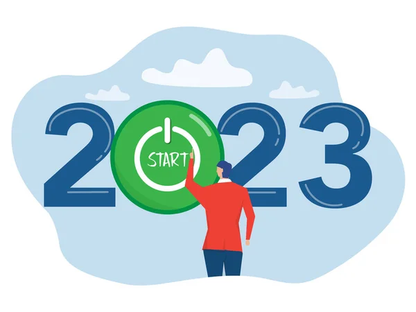 Start Εταιρεία Στόχοι Για Έτος 2023 Επιχειρηματίας Πατώντας Κουμπί Εκκίνησης — Διανυσματικό Αρχείο