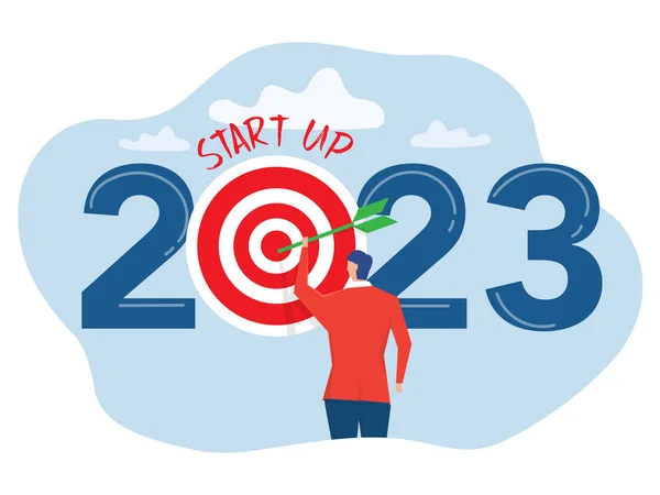 Businessman Κουμπί Στόχος Για Ξεκινήσει Νέες Επιχειρήσεις 2023 Στόχους Για — Διανυσματικό Αρχείο