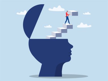 Gelişen zihniyet gelişimi. İş adamı gelişim merdiveni ya da merdiven inşa eder. Yeni başarılı yaşam.